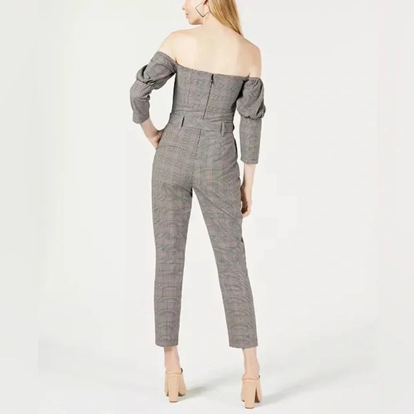 Guess Alexa Grey Pinstripe Plaid Bustier Off The Shoulder Jumpsuit Size 0 XXS XS - Picture 5 of 9